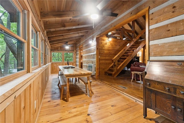 251 Honeysuckle Way, Blue Ridge, GA 30513 - dining area with wood walls, light wood-style floors, wooden ceiling, ceiling fan, and heating unit