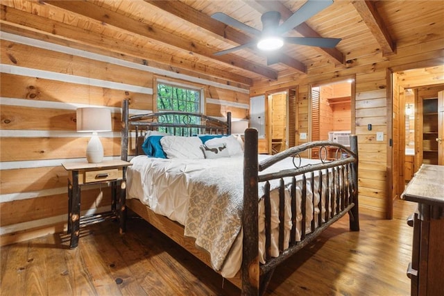 251 Honeysuckle Way, Blue Ridge, GA 30513 - bedroom featuring wooden ceiling with exposed beams, wood walls, and hardwood / wood-style floors