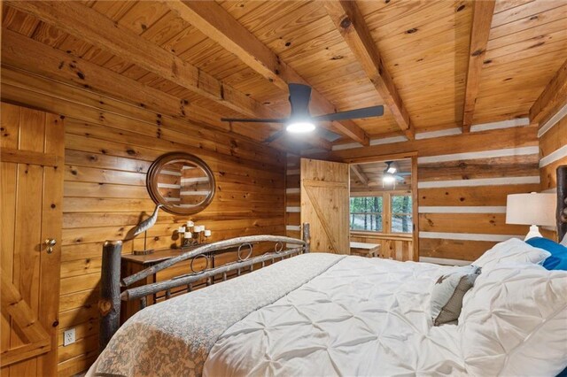 251 Honeysuckle Way, Blue Ridge, GA 30513 - bedroom featuring wood walls and wood ceiling with exposed beams