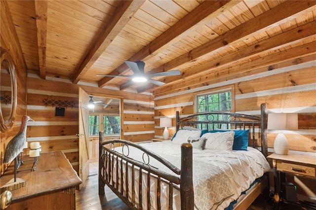 251 Honeysuckle Way, Blue Ridge, GA 30513 - bedroom featuring wood finished floors, wood walls, and wooden ceiling with exposed beams