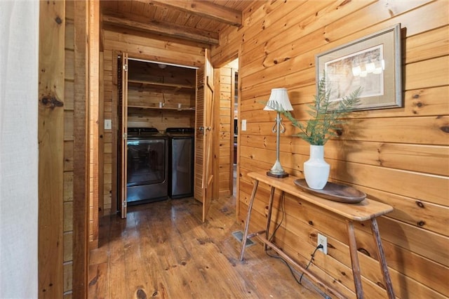 251 Honeysuckle Way, Blue Ridge, GA 30513 - hall with wooden walls, wood ceiling with exposed beams, wood-type flooring, and separate washer and dryer