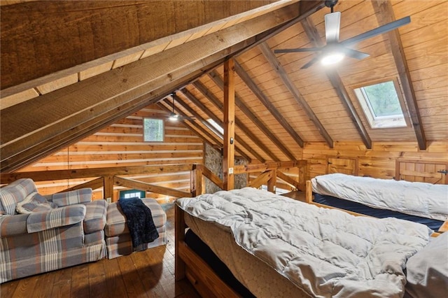 251 Honeysuckle Way, Blue Ridge, GA 30513 - bedroom with wooden walls, a skylight, wood ceiling, and hardwood / wood-style floors