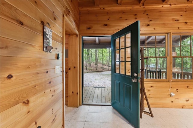 251 Honeysuckle Way, Blue Ridge, GA 30513 - doorway to outside with wood walls and tile patterned flooring