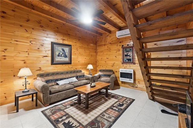 251 Honeysuckle Way, Blue Ridge, GA 30513 - living area featuring heating unit, wood ceiling with exposed beams, a wall unit AC, ceiling fan, and wood walls