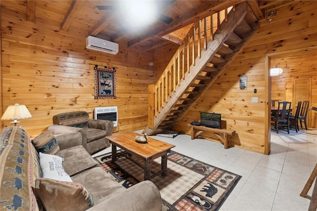 251 Honeysuckle Way, Blue Ridge, GA 30513 - living room featuring a wall mounted air conditioner, wooden walls, stairs, wooden ceiling with exposed beams, and heating unit