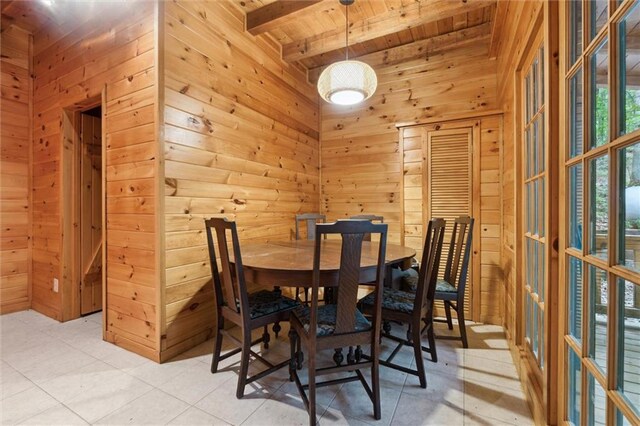 251 Honeysuckle Way, Blue Ridge, GA 30513 - dining area featuring wood ceiling with exposed beams, wooden walls, and light tile patterned floors