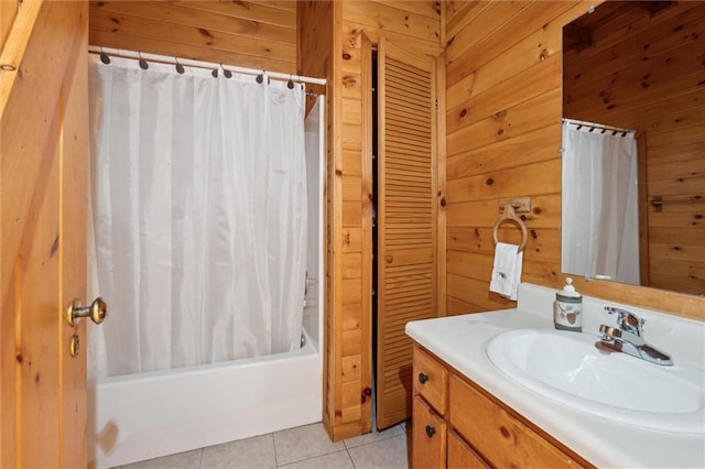 251 Honeysuckle Way, Blue Ridge, GA 30513 - bathroom with wooden walls, vanity, tile patterned floors, and shower / bath combo