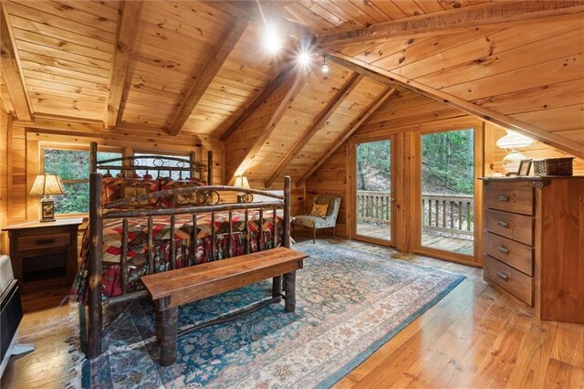 251 Honeysuckle Way, Blue Ridge, GA 30513 - bedroom with wood ceiling, multiple windows, hardwood / wood-style floors, wood walls, and access to exterior