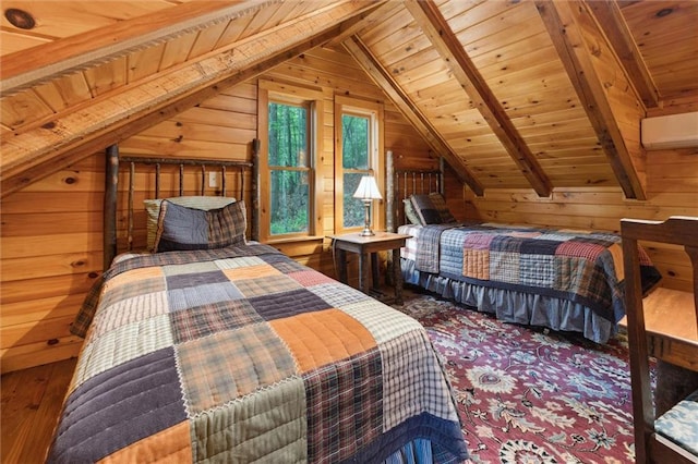 251 Honeysuckle Way, Blue Ridge, GA 30513 - bedroom featuring wooden ceiling, wood walls, a wall mounted AC, and wood finished floors