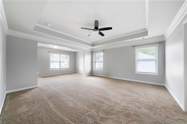 unfurnished room with a raised ceiling, carpet floors, crown molding, and ceiling fan