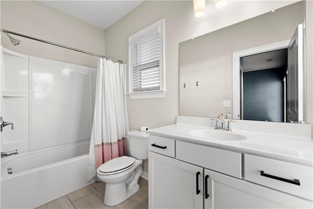 full bathroom with vanity, toilet, and shower / bathtub combination with curtain