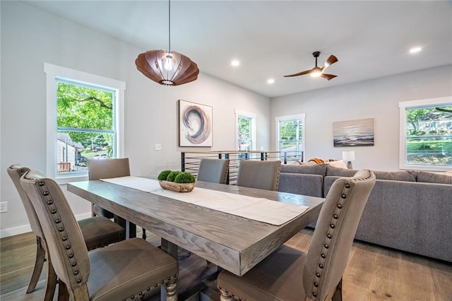 dining room with light wood-type flooring and ceiling fan