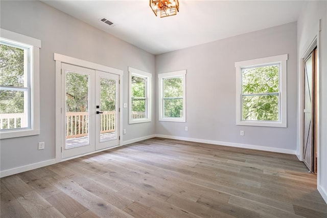 interior space featuring light hardwood / wood-style floors, french doors, and a healthy amount of sunlight