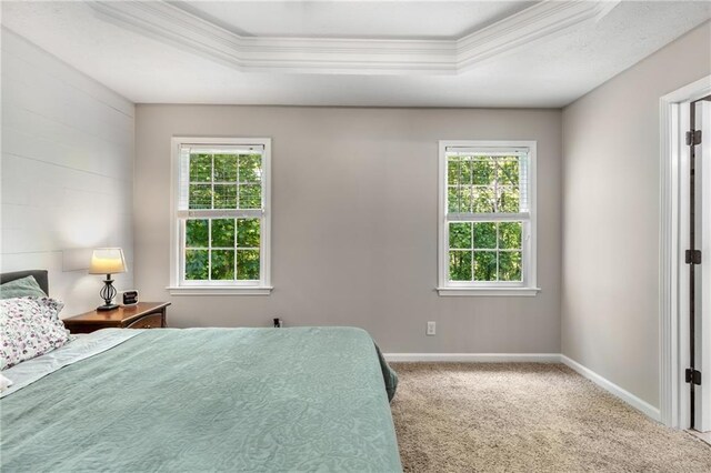 carpeted bedroom featuring baseboards, ornamental molding, and a raised ceiling