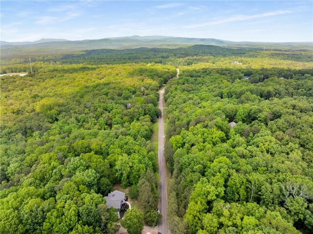 aerial view featuring a mountain view and a wooded view