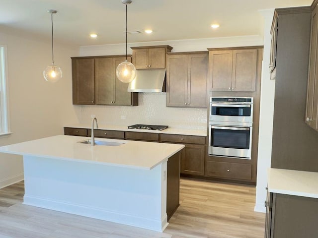 62 Sheryl Way, Loganville, GA 30052 - kitchen featuring under cabinet range hood, a sink, stainless steel appliances, light wood-style floors, and tasteful backsplash