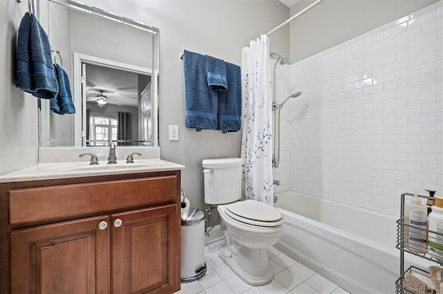 full bathroom with vanity, ceiling fan, shower / bathtub combination with curtain, tile patterned flooring, and toilet