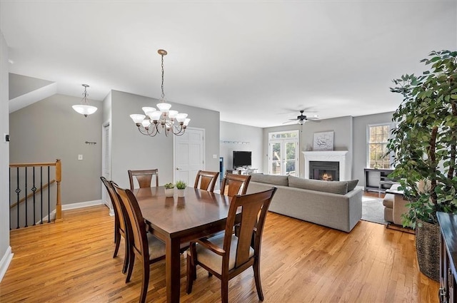 dining room featuring light hardwood / wood-style flooring and ceiling fan with notable chandelier