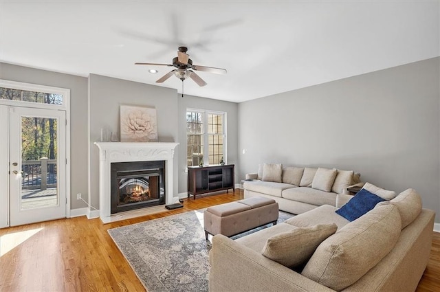 living room with ceiling fan and hardwood / wood-style floors