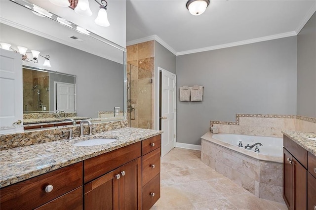 bathroom with plus walk in shower, crown molding, and vanity