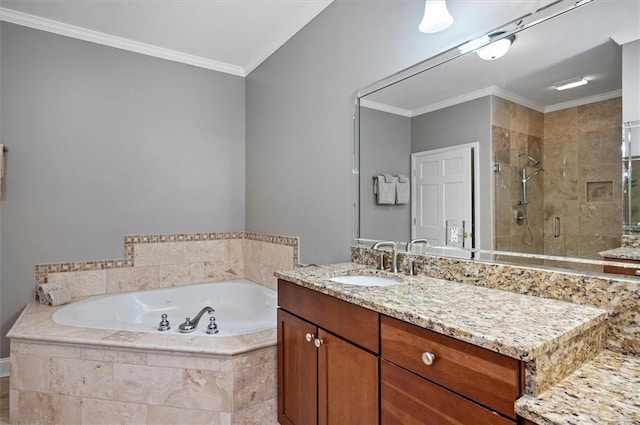 bathroom featuring shower with separate bathtub, vanity, and crown molding