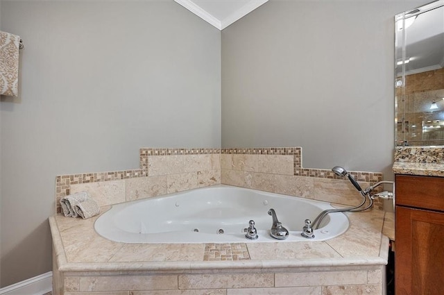 bathroom with crown molding, vanity, and plus walk in shower