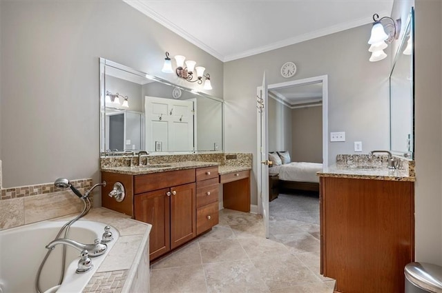 bathroom with vanity, a relaxing tiled tub, and ornamental molding