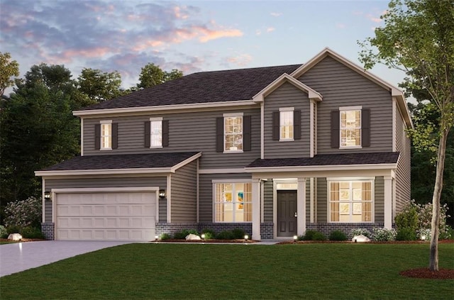 view of front facade with a garage, concrete driveway, brick siding, and a front lawn