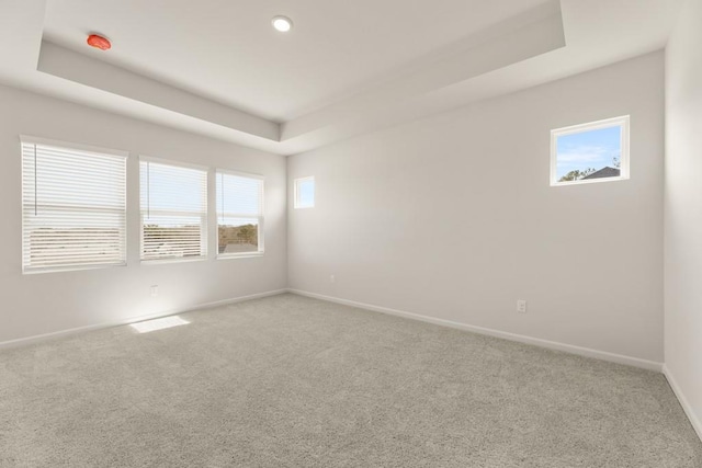 unfurnished room featuring a tray ceiling, carpet, and baseboards