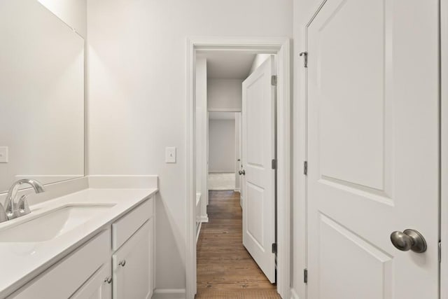 bathroom with wood finished floors and vanity