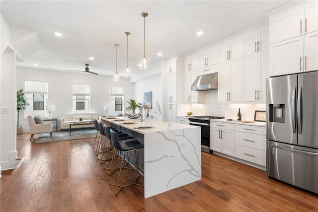 1032 Robert Smalls Way, Atlanta, GA 30318 - kitchen featuring appliances with stainless steel finishes, under cabinet range hood, white cabinetry, dark wood-type flooring, and recessed lighting