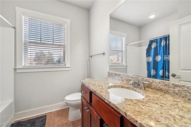 bathroom with baseboards, a shower with curtain, toilet, and tile patterned flooring