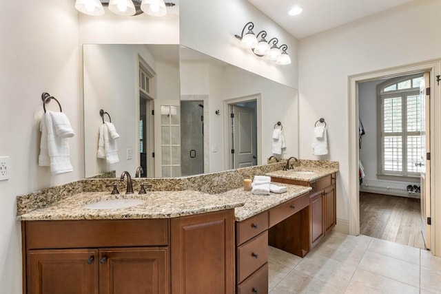 bathroom with vanity, hardwood / wood-style flooring, and walk in shower