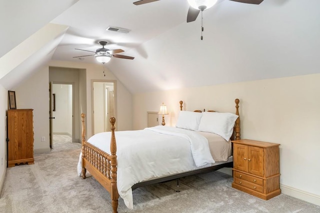 bedroom with ceiling fan, light carpet, and lofted ceiling