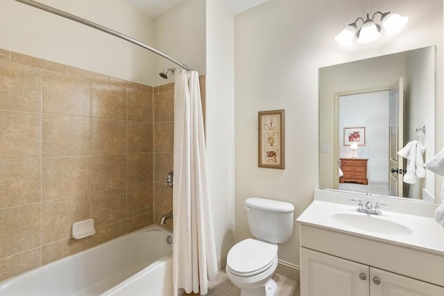 full bathroom with vanity, toilet, and shower / bathtub combination with curtain