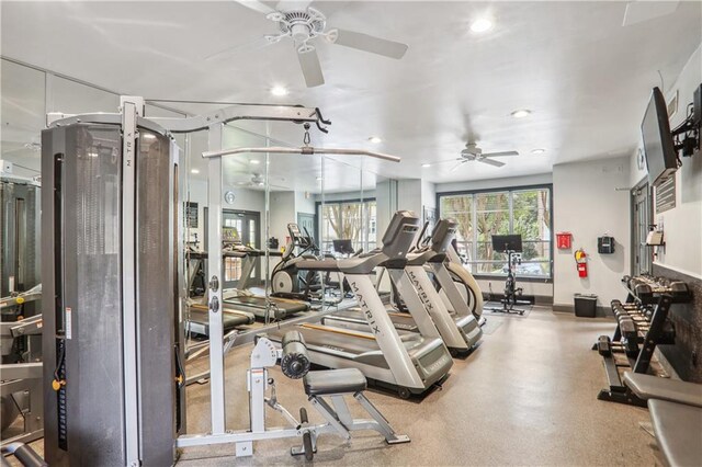 gym featuring recessed lighting, baseboards, and ceiling fan