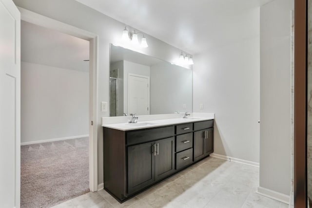 1360 Sugar Glen Ct, Lawrenceville, GA 30044 - full bath featuring double vanity, a shower with shower door, and baseboards