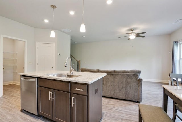 1360 Sugar Glen Ct, Lawrenceville, GA 30044 - kitchen featuring a sink, dishwasher, ceiling fan, light wood finished floors, and dark brown cabinets