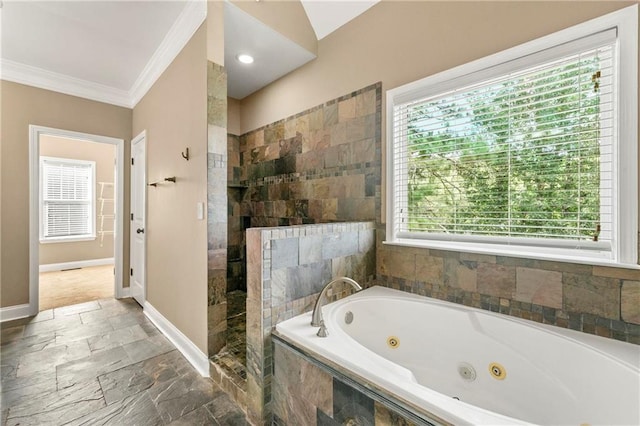 bathroom with ornamental molding and plus walk in shower