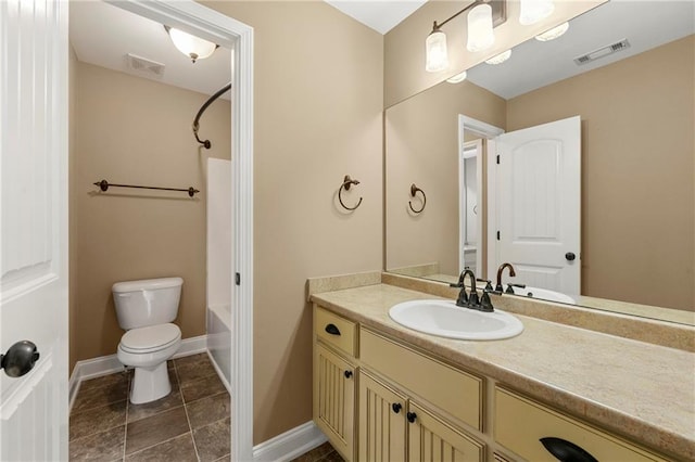 full bathroom featuring tile patterned floors, shower / bathtub combination, vanity, and toilet