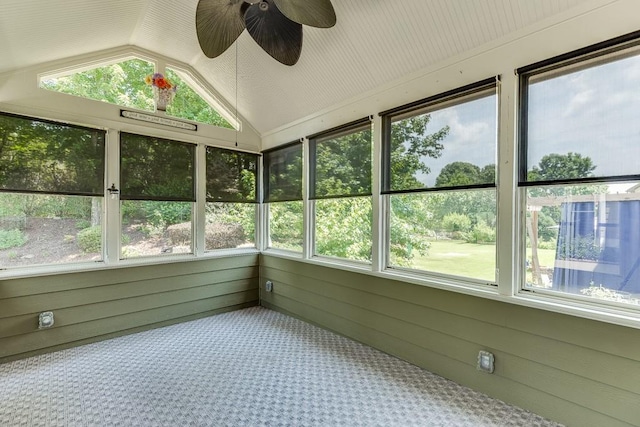 7405 Brookstone Way, Flowery Branch, GA 30542 - unfurnished sunroom with carpet, plenty of natural light, a ceiling fan, vaulted ceiling, and wooden walls