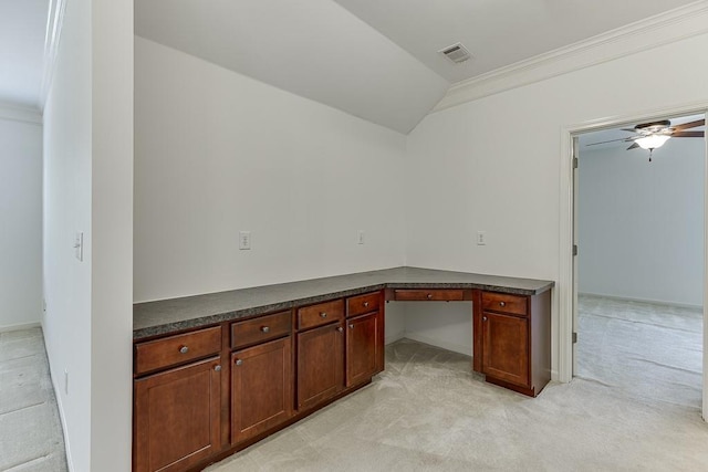 7405 Brookstone Way, Flowery Branch, GA 30542 - unfurnished office featuring light colored carpet, built in desk, ceiling fan, ornamental molding, and lofted ceiling