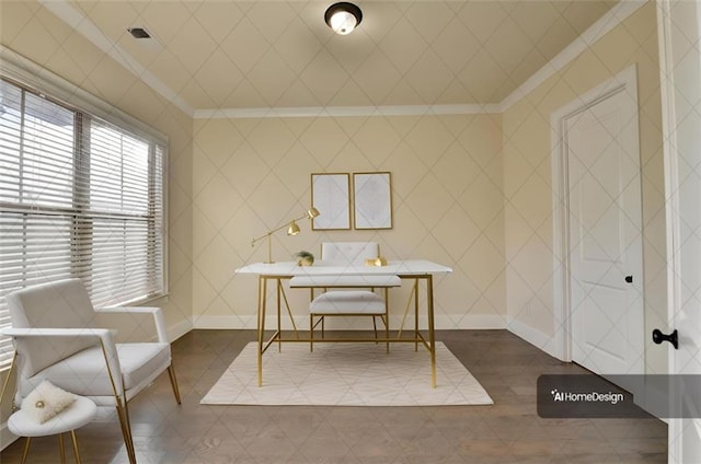 tiled office space featuring ornamental molding