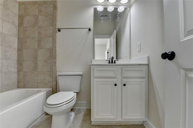 full bathroom with tiled shower / bath combo, vanity, tile patterned floors, and toilet