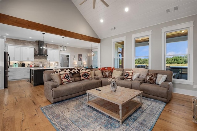 living room with high vaulted ceiling, sink, ceiling fan with notable chandelier, and light wood-type flooring