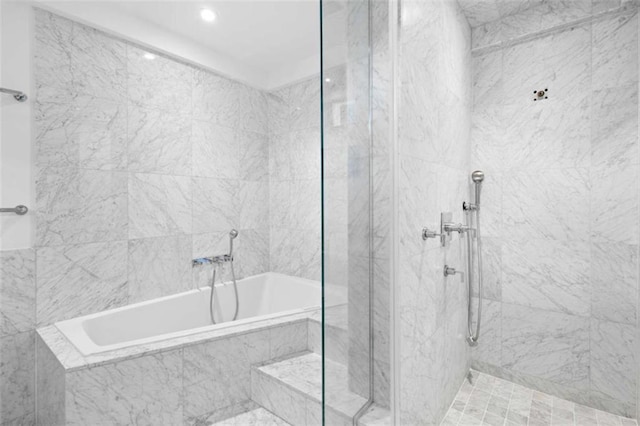 660 Glen Iris Drive # 206 & 109, Atlanta, GA 30308 - bathroom featuring a bath, a marble finish shower, and recessed lighting