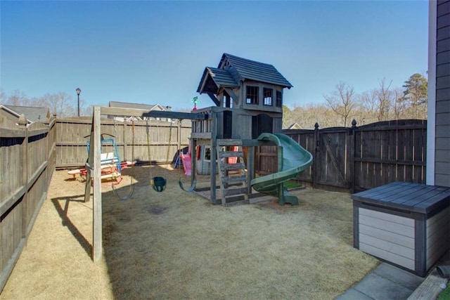 view of play area featuring a fenced backyard