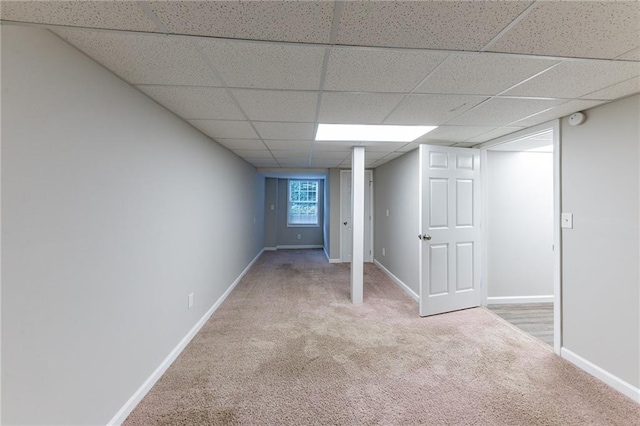 basement with light carpet and a paneled ceiling