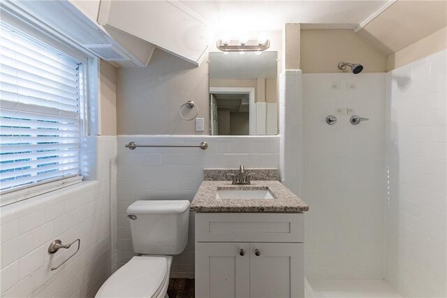 bathroom with vanity, a tile shower, toilet, and plenty of natural light