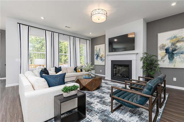 424 Madison Lakeview Dr, Acworth, GA 30102 - living area with dark wood-type flooring, a glass covered fireplace, and recessed lighting